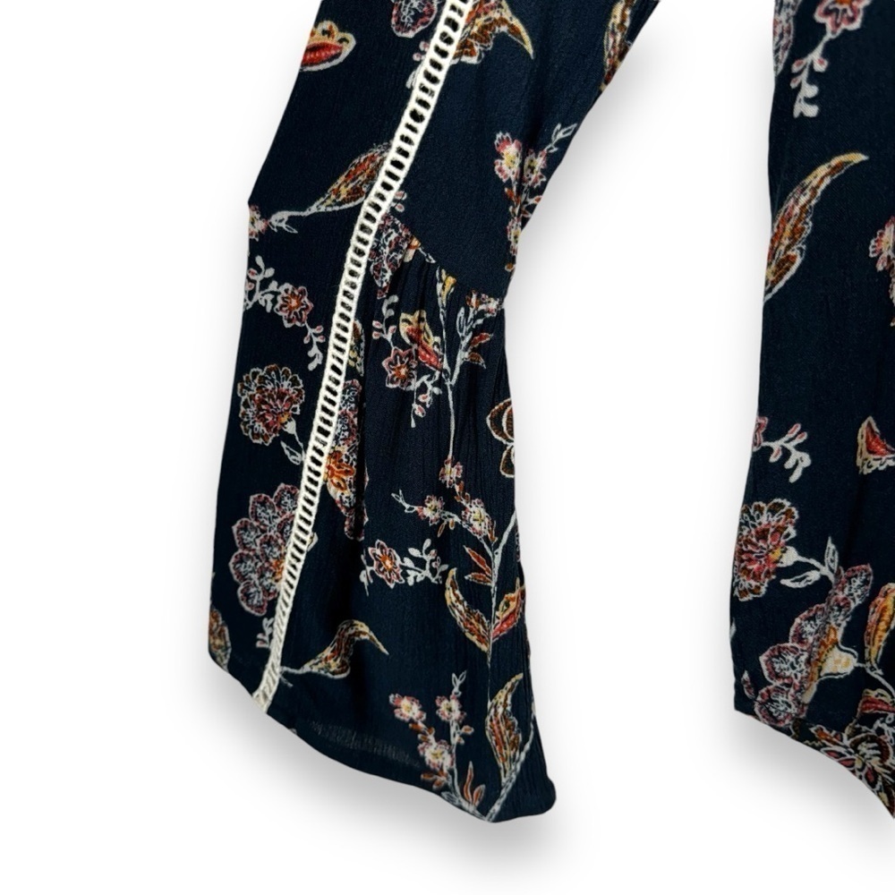 4 for $40 SALE! Lovestitch Floral Print Lace Detail Bell Sleeve Top, Navy, Sz S - Picture 9 of 13
